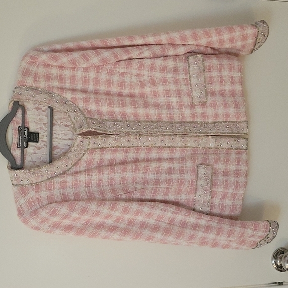 BEREK by TAKAKO SAKON Pink Plaid Tweed Lace Beaded Embellished Blazer - Picture 3 of 16